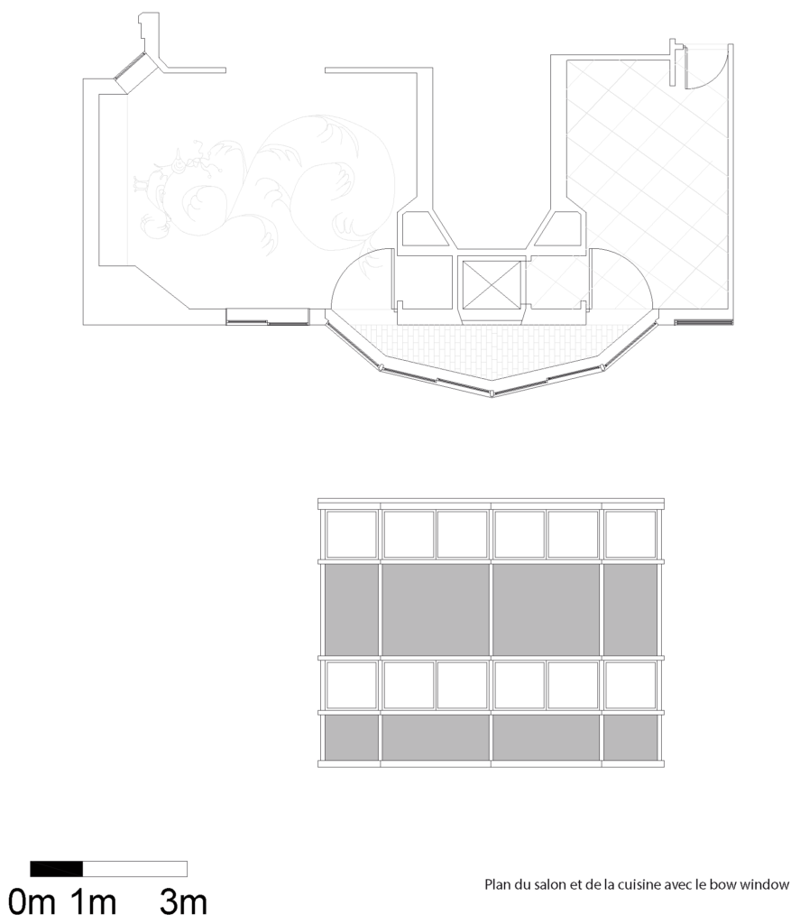 Plan du salon et de la cuisine avec le bow window